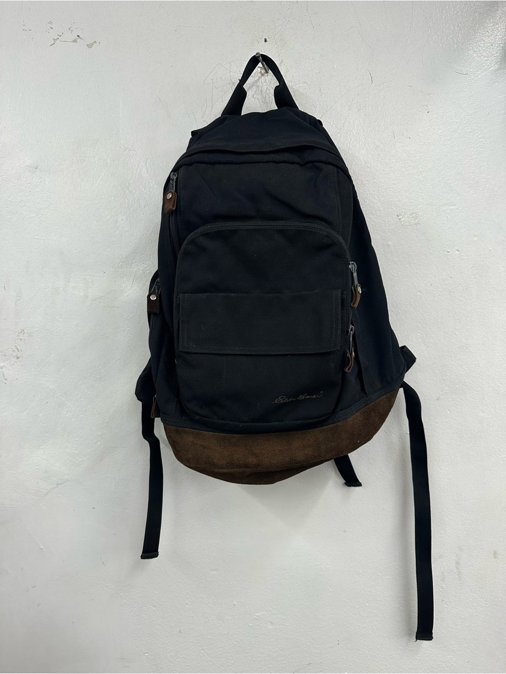 Eddie Bauer vintage Canvas Backpack with Suede leather Base Black/Brown bag